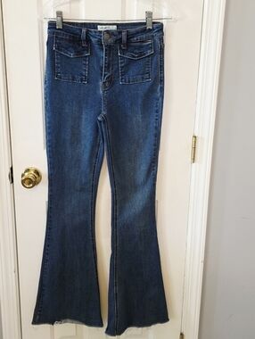 High-Rise Dark Blue Flare Jeans with Front Patch Pockets - Women 7 / 27